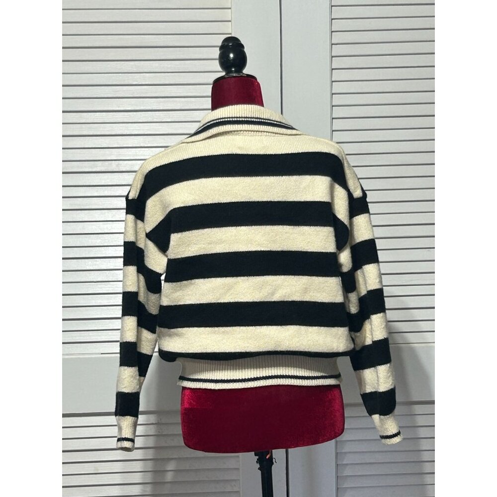 Frnch Paris Women's Black Cream Mika Striped Collared Crop Sweater Size S 3079 - Picture 6 of 12
